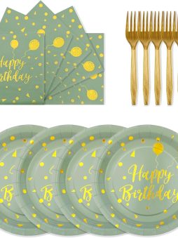 72PCS Happy Birthday Paper Plates - Sage Green and Gold Tableware Set Include 7Inch Paper Plates 6.5 Inch Napkins and 6.3 Inch Forks Disposable Decoration Supplies for Birthday Party,Serve 24