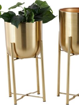 CosmoLiving by Cosmopolitan Metal Indoor Outdoor Planter Dome Large Planter Pot with Removable Stand, Set of 2 Planters 19", 22"H, Gold