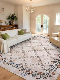 GarveeHome 9x12 Washable Floral Area Rugs for Living Room: Modern Floral Non Slip Large Area Rugs for Bedroom, Large Machine Washable Living Room Low Pile Carpet with Non-Slip Backing Beige 9'x12'.