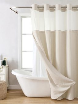 No Hooks Polyester Textured Shower Curtain with Snap-in Fabric Liner Set, Hotel Luxury Decor Shower Curtains for Bathroom with See Through Top Window, Waterproof & Washable, 71Wx74H, Cream