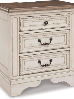 Signature Design by Ashley Realyn French Country 3 Drawer Nightstand with Electrical Outlets & USB Ports, 27.75" Tall, Chipped White
