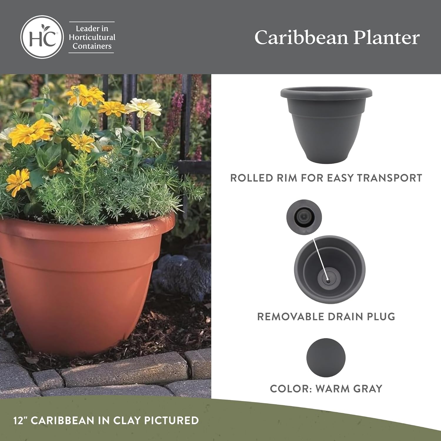 The HC Companies Caribbean Planter Pot - Outdoor & Indoor Plant Pot with Drainage Hole & Plug - Rolled Rim Plastic Pots for Plants & Flowers - Decorative Plant Pot (12" Warm Gray, Pack of 1) - Image 2