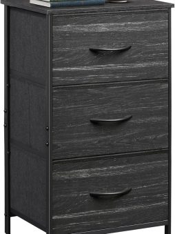WLIVE Nightstand with 3 Drawers, Fabric Dresser, Organizer Unit, Storage Dresser for Bedroom, Hallway, Entryway, Closets, Steel Frame, Wood Top, Easy Pull Handle, Charcoal Black Wood Grain Print